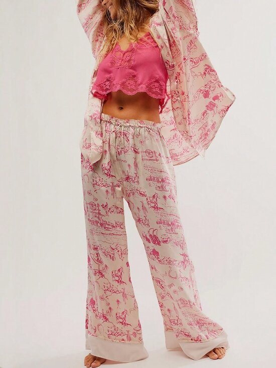 Pants - Pink Boho Women's Long Sleeve Shirt & Wide Leg Pants Pajama Set
